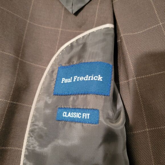 Paul Fredrick Mens Suit Size 48 R Brown Windowpane Plaid Wool Classic Fit Retro - Picture 4 of 15